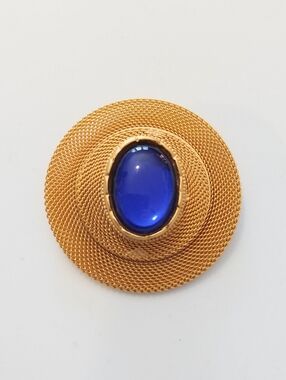 Vintage 80s Unsigned CRAFT Large Bold Shield Brooch Pin w/ Blue Lucite Cabachon